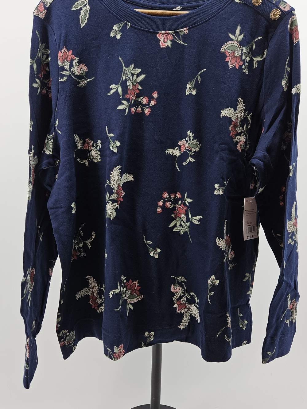 Kohl's Navy Floral new With Tags Button-Shoulder Long Sleeve Sweatshirt Soft